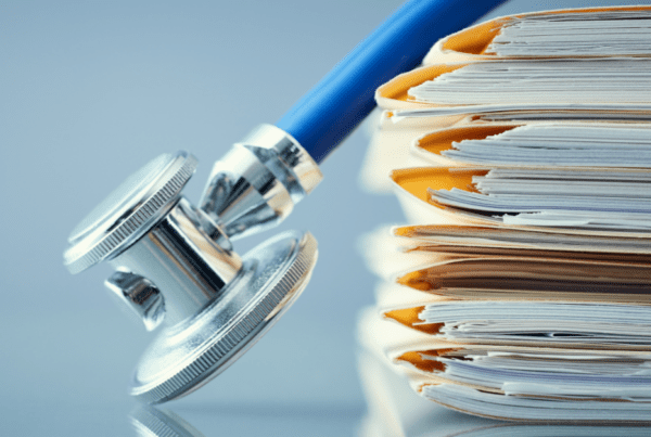 picture of medical records stacked with a stethoscope overlaying